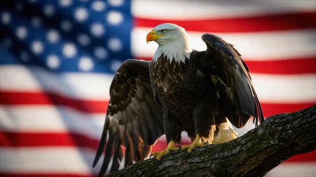 Bald eagle perched on a branch with wings spread before the American flag. Patriotic symbol of freedom, strength and national pride.