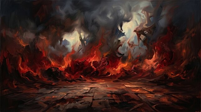 A dramatic and fiery scene depicting a powerful intense and somewhat chaotic atmosphere with dark undertones