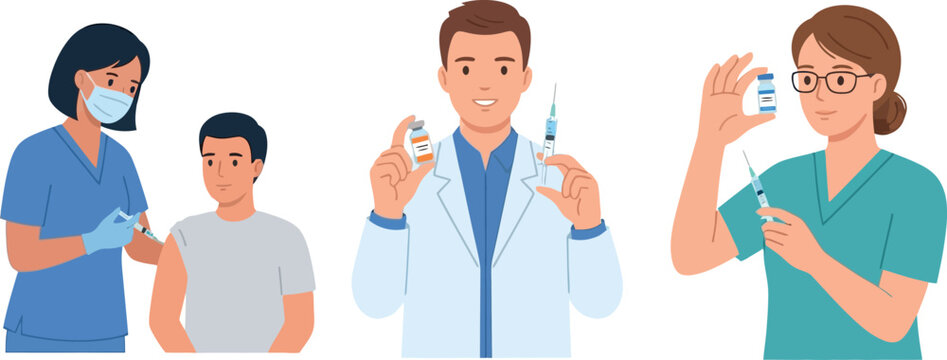 A diverse team of healthcare workers including doctors and nurses hold vaccination supplies to encourage public health and safety on a clear background