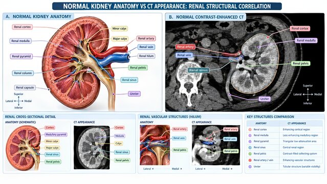 AI-generated medical educational infographic comparing normal kidney anatomy with contrast-enhanced CT appearance, highlighting cortex, medulla, renal pelvis, vessels, ureter, and cross-sectional stru