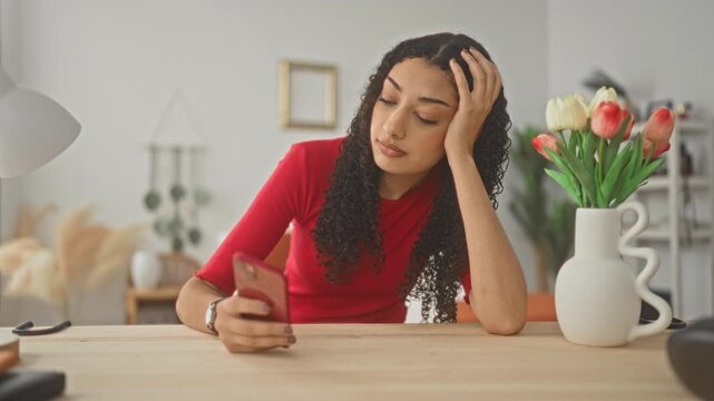 Young arab woman holding smartphone, hand on head, seated at wooden table with tulips in a bright building interior; boredom solitude.