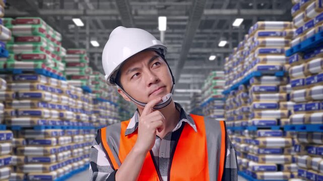 Close Up Of Asian Male Engineer With Safety Helmet Thinking And Looking Around Then Raising His Index Finger While Standing at Warehouse Stacked Cement Bags Pallets