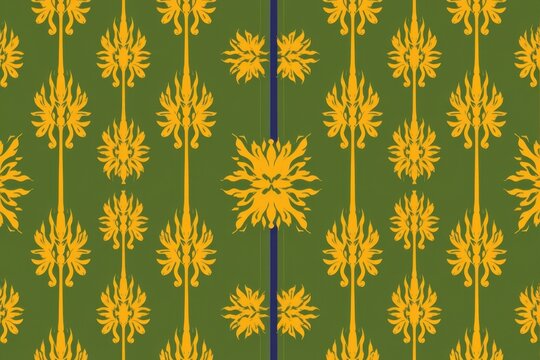 A retro floral pattern of stylized symmetrical golden wheat stalks repeating in a rigid 1960s geometric grid in olive green and mustard yellow.