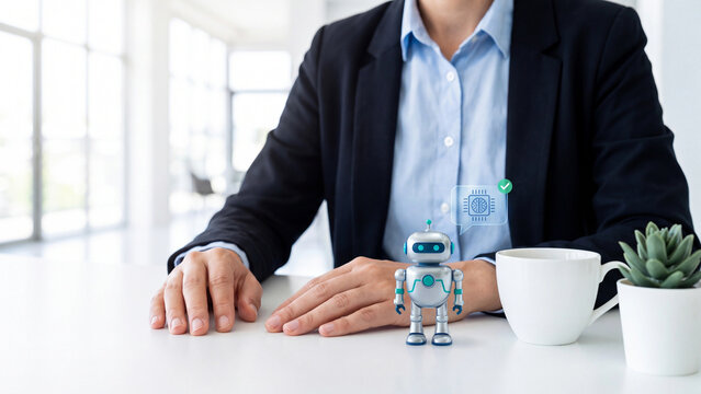 AI agent and virtual assistant robot for business productivity, entrepreneur at office table with small robot, AI chip chat bubble checkmark and coffee cup for workplace automation