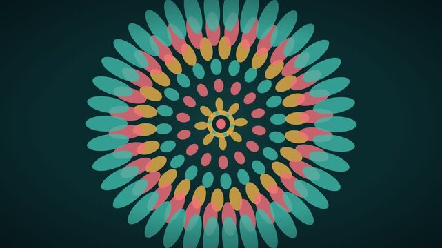 Golden mandala blooming with rotating petals in coral teal
