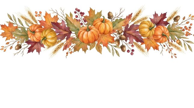 A beautiful watercolor illustration featuring a festive horizontal border of vibrant autumn maple leaves, ripe orange pumpkins, golden wheat stalks, acorns, and small red berries.