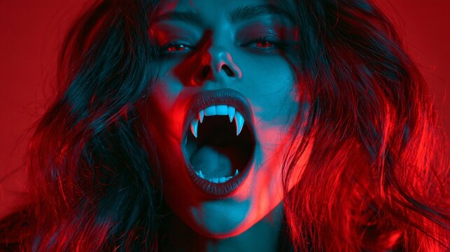 Vampire woman with glowing red and blue lighting