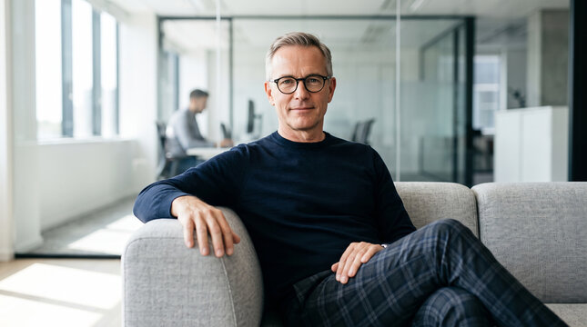 Confident mature businessman wearing eyeglasses sitting on couch in modern open plan corporate office setting portrait for executive leadership background success startup entrepreneur website banner