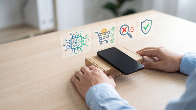 AI ecommerce fraud detection and online shopping protection concept, smartphone on cardboard box with shopping cart payment check, magnifier warning and shield checkmark for safe purchase