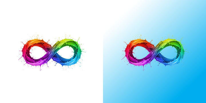 Colorful rainbow infinity symbol made with paint splashes and liquid ink drops