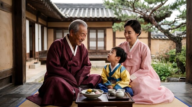 Korean family wearing hanbok sitting together in a traditional courtyard