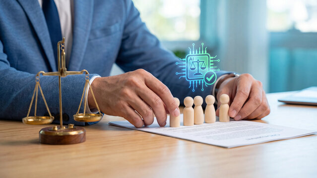 AI ethics and fair employment decision concept, businessman arranging wooden figures on contract beside brass fairness symbol and AI chip checkmark for unbiased hiring and workplace equality