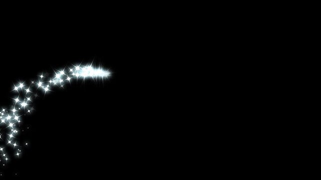 4k Magic glitter sparkle circling trail, glowing doodle stars white twinkling stars, .twinkling particles stars line transition on black screen background.video loop