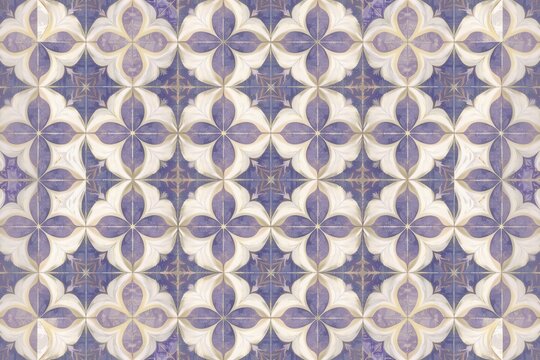 A Moroccan zellige tile pattern of interlocking geometric cross and star shapes enclosing tiny 1960s mod targets in alternating shades of soft lavender and pure white.