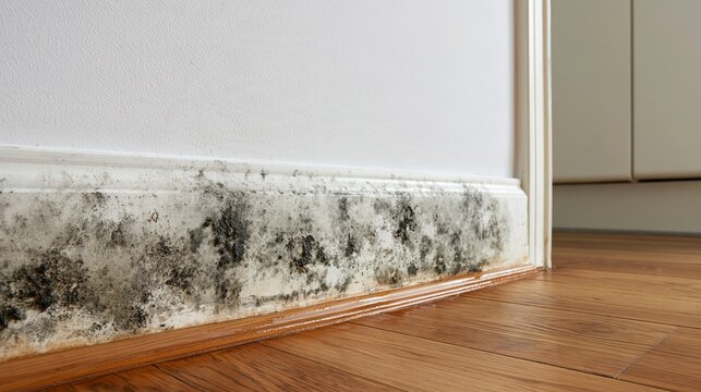 Mold spreads along a baseboard near a wooden floor