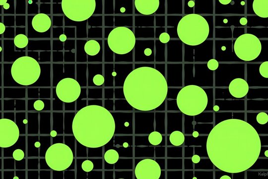 A surface pattern design of abstract hand drawn geometric grids overlapping with scattered solid circles resembling glowing 1960s lava lamp bubbles in neon green and black.