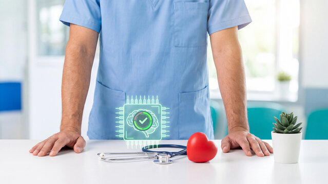 AI healthcare and medical diagnosis technology concept, doctor in scrubs with AI brain chip checkmark, stethoscope and red heart on table in clinic for smart digital health care