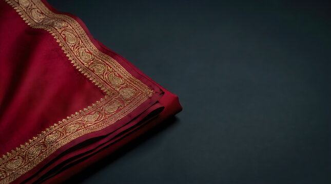 Luxurious red silk sari with intricate gold embroidery on a dark background