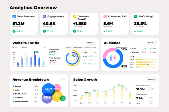 Analytics overview dashboard. UI UX business intelligence with data analysis charts graphs diagram revenue, finance statistics, user admin infographic panel mockup. Vector illustration