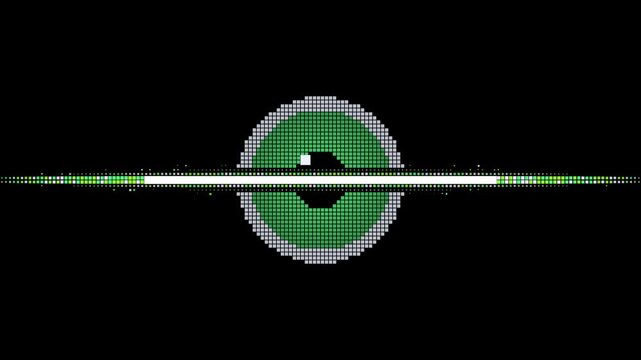 Giant green eye with almond eyelids blinking shut to white and opening again, pixel eye blink transition