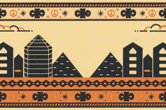 A geometric tribal border pattern of thick interlocking stepped pyramids and bold vertical stripes framing tiny starbursts and 1960s peace signs in earthy shades of terracotta and charcoal.