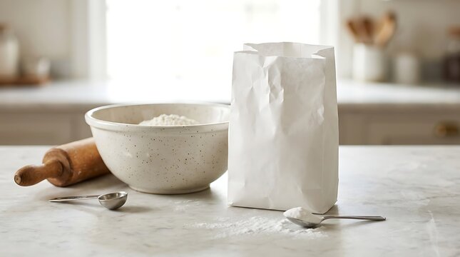 White paper bag of flour next to a mixing bowl with a rolling pin on a kitchen counter for baking. baking soda packaging