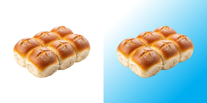 Fresh baked sweet bread rolls arranged in a group isolated on a clean white background