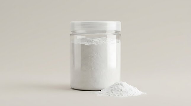 Clear plastic jar filled with white powder or baking soda with a small pile on a neutral surface. baking soda packaging