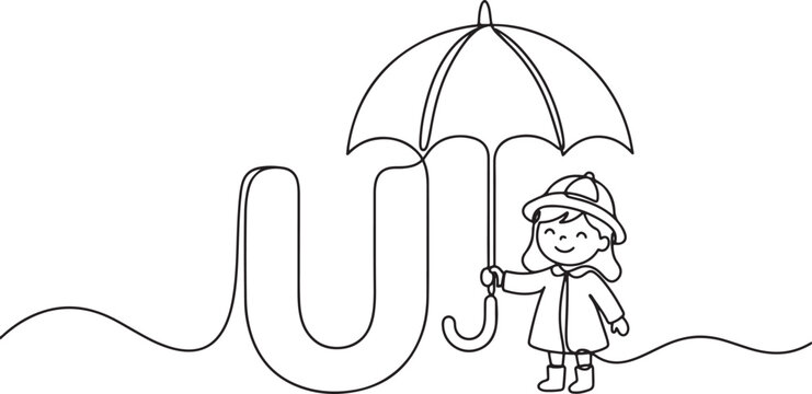 Continuous line of a cute little girl holding a large umbrella standing next to the uppercase letter u on a plain white background, for educational alphabet learning