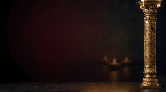 Ornate golden column with decorative details against a dark moody background