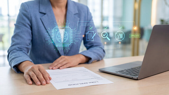 AI loan approval automation concept, businesswoman with loan application form and laptop, AI chip workflow with document signing, magnifier check, coins and approved badge for fast lending