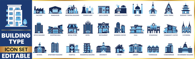 Fototapeta premium Building Types and Architecture Icon Set – Factory, Office, School, Hospital, Religious Buildings, Residential and Commercial Properties.