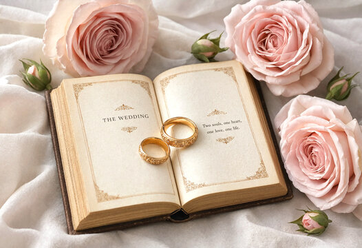 Elegant wedding rings placed on open book with romantic roses