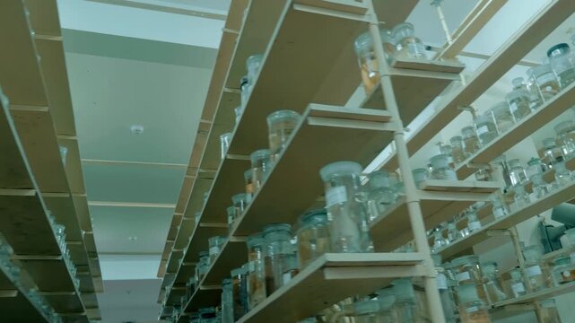 Thousands of clear glass jars with signed white labels containing embalmed fish, marine animals and others artifacts standing in the shelves. Shot in motion