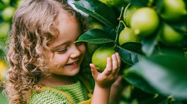 Curly-haired child smiles gently at green citrus fruit