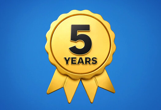Golden five years anniversary ribbon badge with metallic shine design