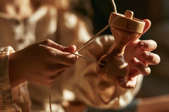 Close-up of a child's hands playing with a wooden toy on a string