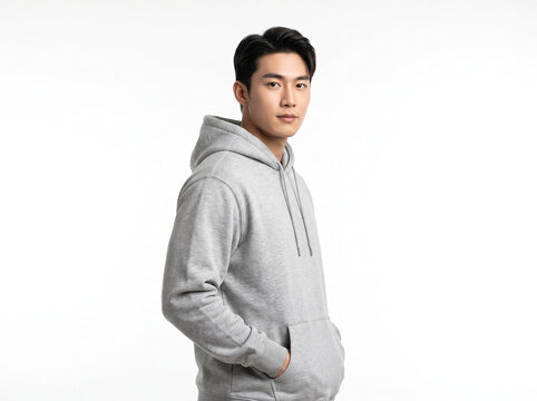 Asian man in gray hoodie standing in three quarter pose