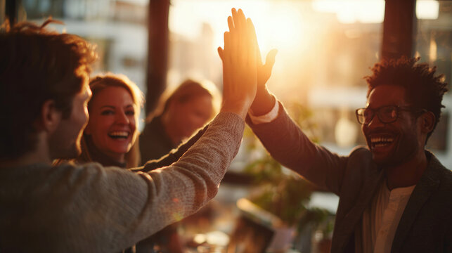 Three friends share a joyful moment by giving high fives as sunlight pours in through the windows at a cafe during the evening