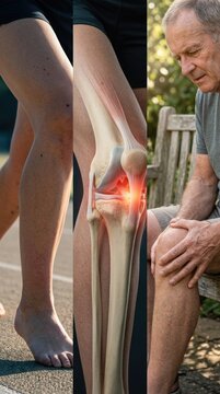 Patella joint ache: chronic pain, human knee, medical anatomy, bone inflammation, muscle injury, senior citizen, arthritis symptom, physical discomfort, cartilage damage, ligament tear, leg weakness.