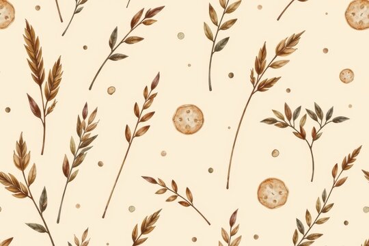 A boho coastal pattern featuring watercolor illustrations of dried sea oats and scattered sand dollars on a warm sand colored background.