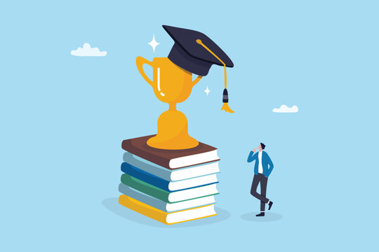 Academic achievement learning new skill, knowledge to success, graduated or achieve business degree, diploma or certificate study milestone, knowledge books with trophy and academic mortar board.