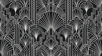 Seamless art deco vector graphic illustration featuring elegant geometric lines, symmetrical vintage patterns, sophisticated luxury ornamentation, monochromatic black and white styling, and classic ar © peeral
