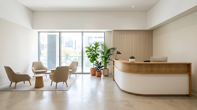 Modern office reception desk area with indoor plants and stylish furniture