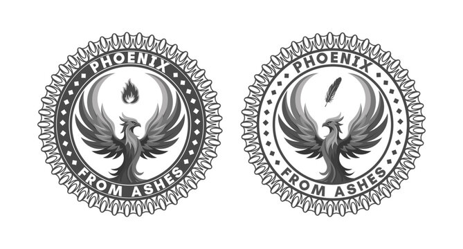 Vector emblem or logo. Stylized mythical firebird phoenix. Flame and inscription. High outspread burning wings. Fire, miracle. Fabulous bird. Logotype, decal and icon. Set gray round seals. Isolated