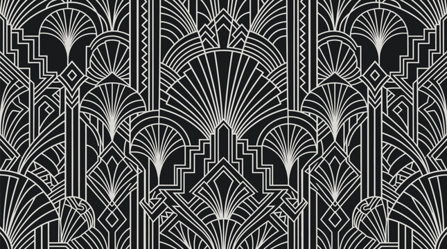 Seamless art deco vector graphic illustration featuring elegant geometric lines, symmetrical vintage patterns, sophisticated luxury ornamentation, monochromatic black and white styling, and classic ar