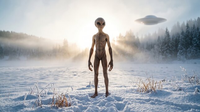 Extraterrestrial alien standing in a snowy winter forest with UFO