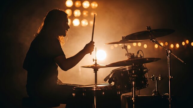Professional drummer performing passionately on stage with glowing warm lights background during music gig.