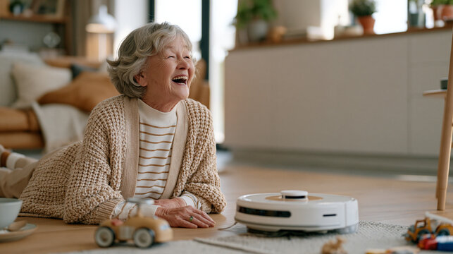 An elderly woman laughs in warm indoor light at a small robot vacuum bumping against a child's toy car, the scene shown as a before and after concept with the clean floor on one