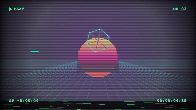 Retro synthwave 3D render animation with neon grid, gradient sunset, rotating wireframe polygon and VHS glitch effects